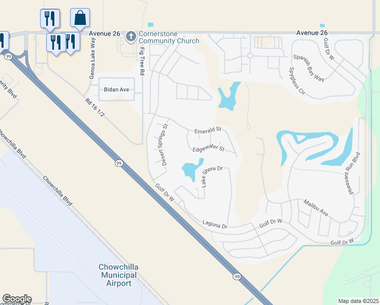 map of restaurants, bars, coffee shops, grocery stores, and more near 7360 Edgewater Street in Chowchilla