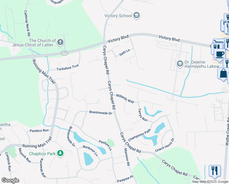 map of restaurants, bars, coffee shops, grocery stores, and more near 101 Willards Way in Yorktown