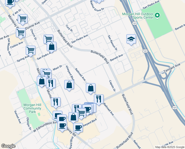 map of restaurants, bars, coffee shops, grocery stores, and more near 16175 Jacqueline Court in Morgan Hill