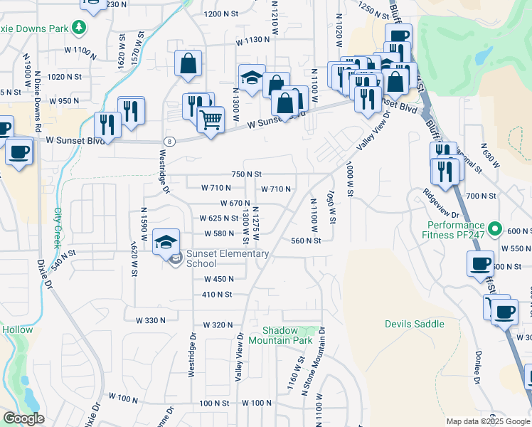 map of restaurants, bars, coffee shops, grocery stores, and more near 1244 West 620 North Circle in St. George
