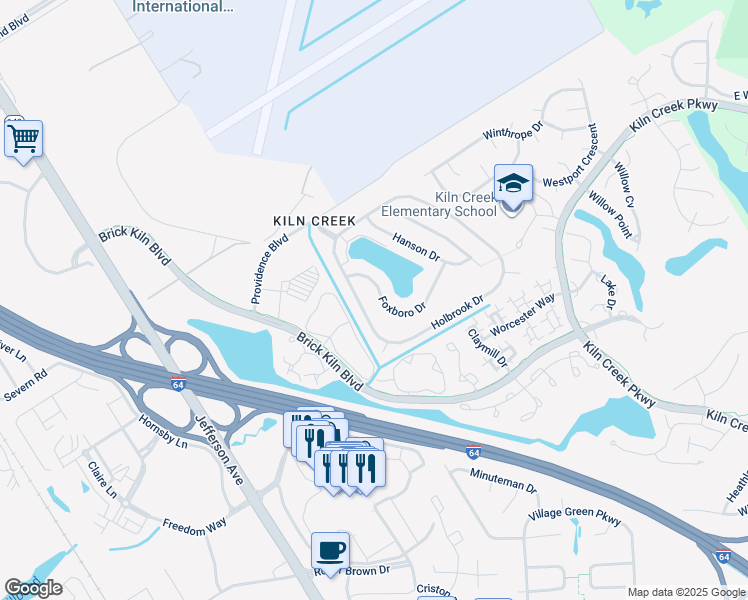 map of restaurants, bars, coffee shops, grocery stores, and more near 924 Foxboro Drive in Newport News