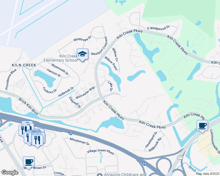 map of restaurants, bars, coffee shops, grocery stores, and more near 1233 Mill Pond Court in Newport News
