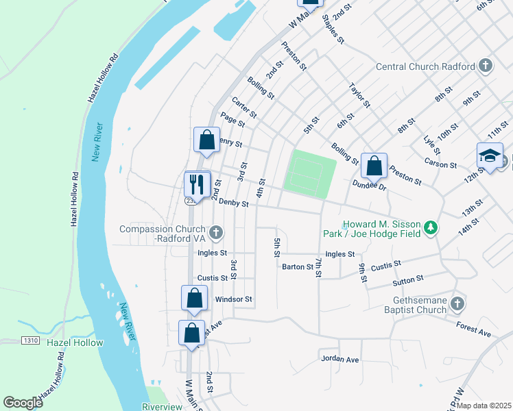map of restaurants, bars, coffee shops, grocery stores, and more near 1700 4th Street in Radford