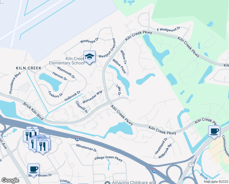 map of restaurants, bars, coffee shops, grocery stores, and more near 1221 Mill Pond Court in Newport News