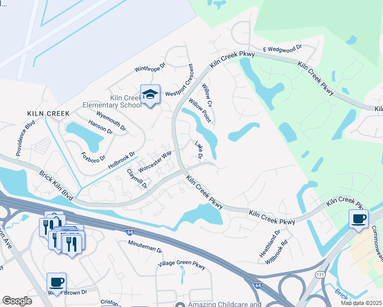 map of restaurants, bars, coffee shops, grocery stores, and more near 1221 Mill Pond Court in Newport News