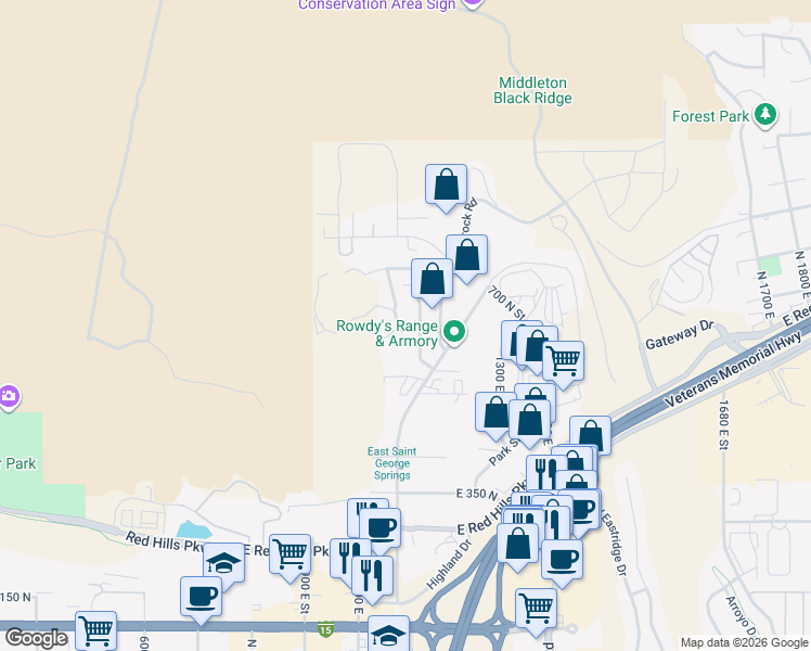 map of restaurants, bars, coffee shops, grocery stores, and more near 664 North 1060 East in St. George