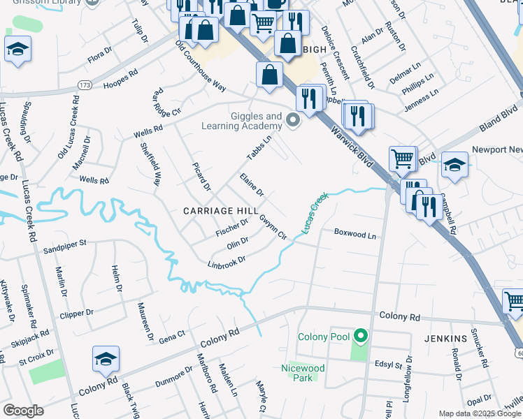 map of restaurants, bars, coffee shops, grocery stores, and more near 101 Fischer Drive in Newport News