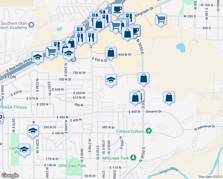map of restaurants, bars, coffee shops, grocery stores, and more near 2850 East 750 North in Saint George