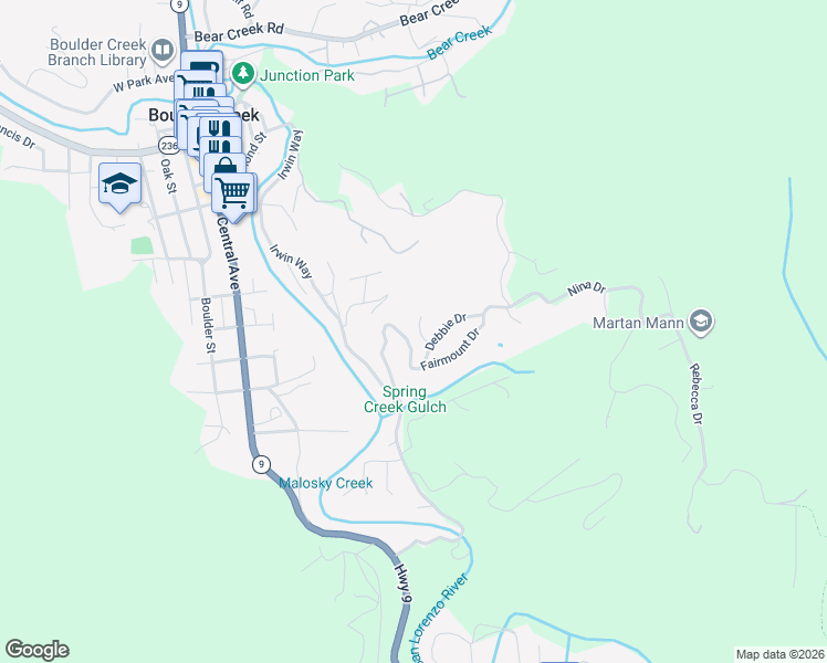 map of restaurants, bars, coffee shops, grocery stores, and more near 515 Debbie Court in Boulder Creek