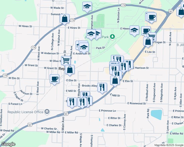 map of restaurants, bars, coffee shops, grocery stores, and more near 120 North Hampton Avenue in Republic