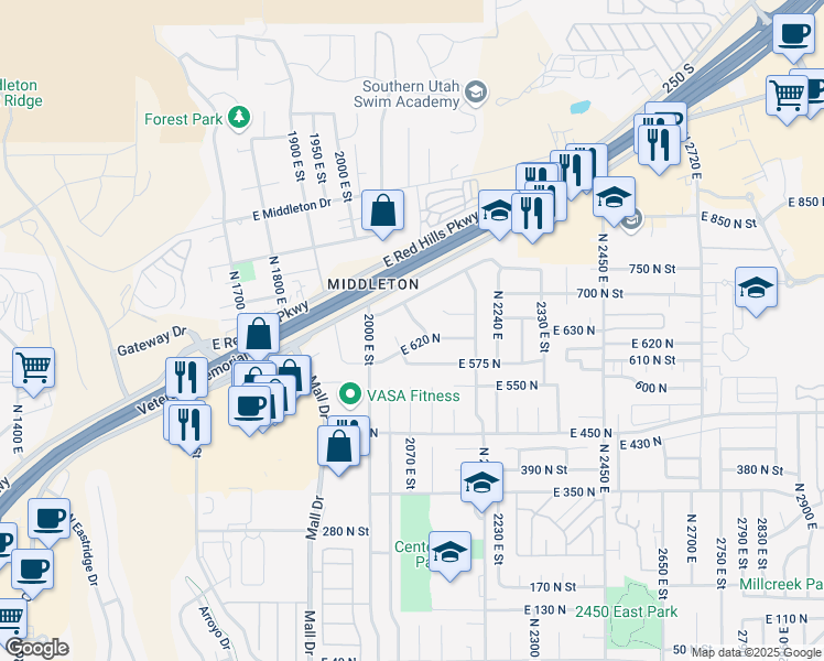 map of restaurants, bars, coffee shops, grocery stores, and more near 2051 620 North in St. George