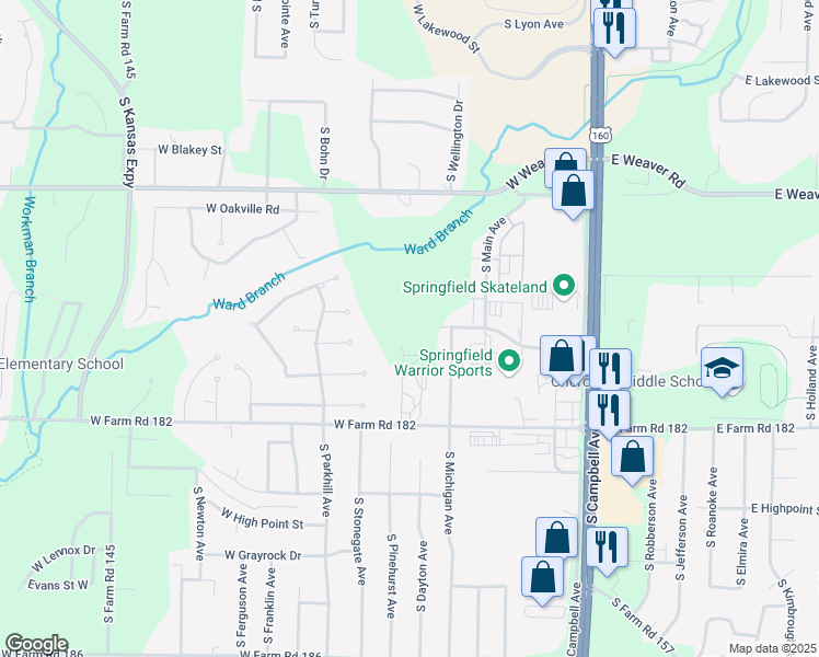 map of restaurants, bars, coffee shops, grocery stores, and more near 901 West Farm Road 182 in Springfield