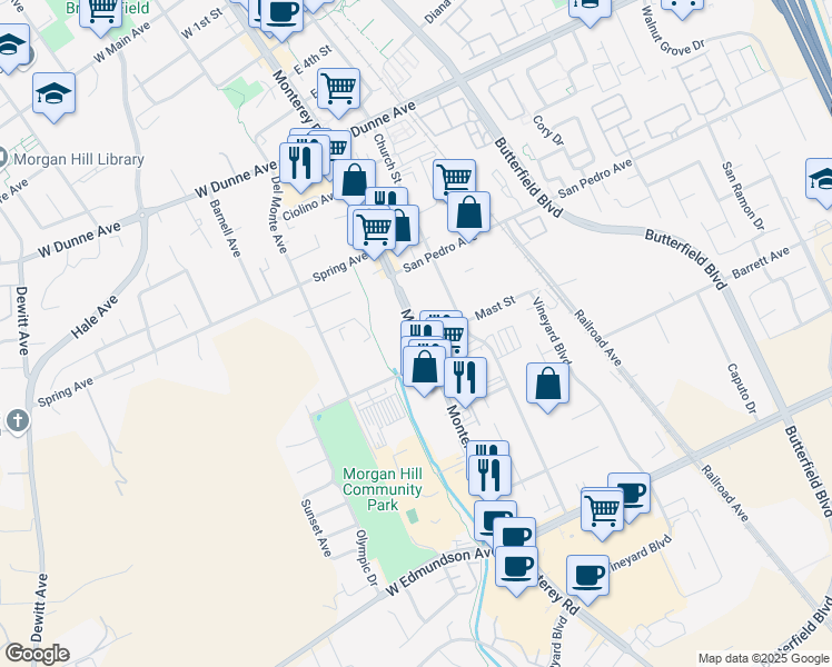 map of restaurants, bars, coffee shops, grocery stores, and more near in Morgan Hill