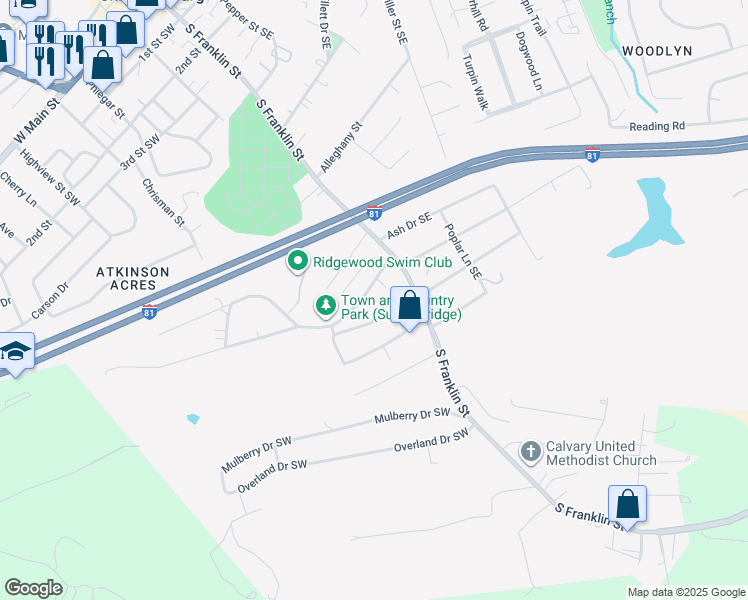 map of restaurants, bars, coffee shops, grocery stores, and more near 170 Summit Ridge Road in Christiansburg