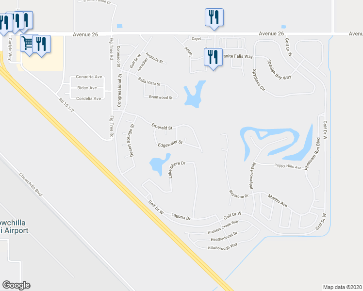 map of restaurants, bars, coffee shops, grocery stores, and more near 7290 Edgewater Street in Chowchilla