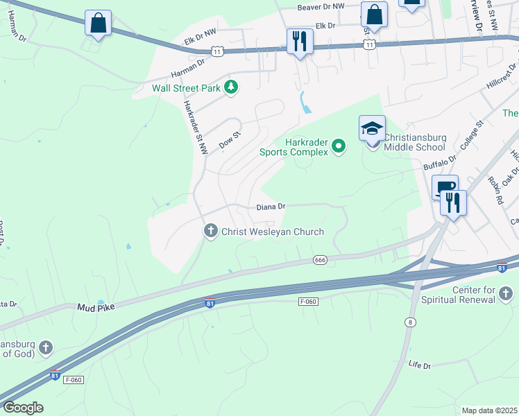 map of restaurants, bars, coffee shops, grocery stores, and more near 1630 Diana Drive in Christiansburg