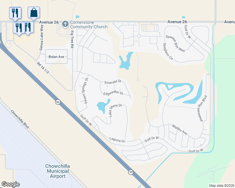 map of restaurants, bars, coffee shops, grocery stores, and more near 7290 Edgewater Street in Chowchilla