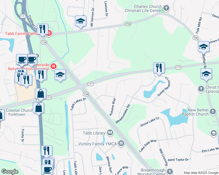 map of restaurants, bars, coffee shops, grocery stores, and more near 106 Carys Trce in Yorktown