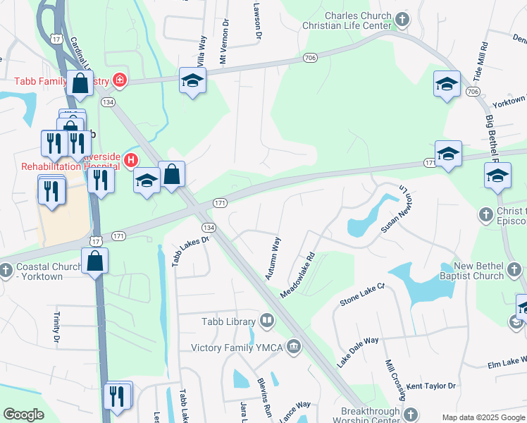 map of restaurants, bars, coffee shops, grocery stores, and more near 106 Carys Trce in Yorktown