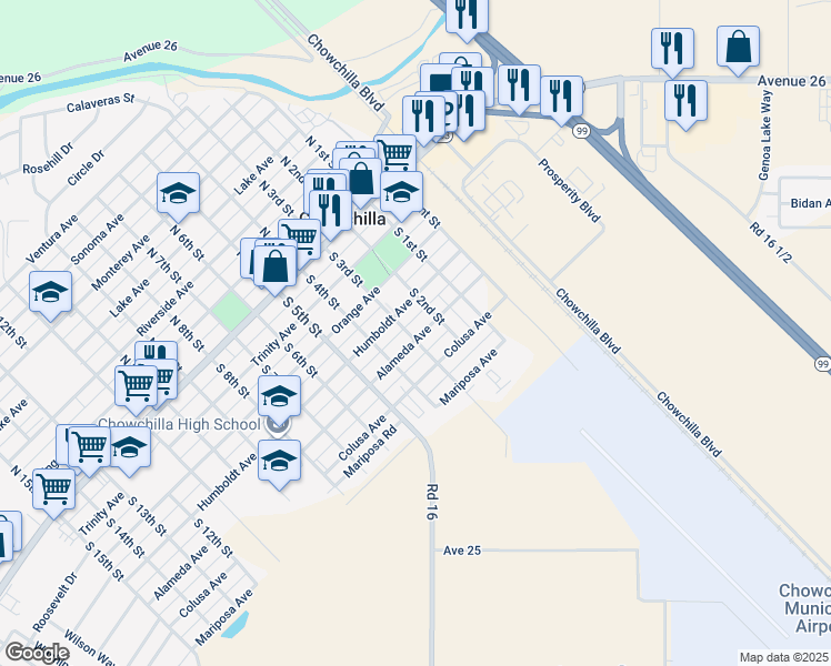 map of restaurants, bars, coffee shops, grocery stores, and more near 455 South 3rd Street in Chowchilla