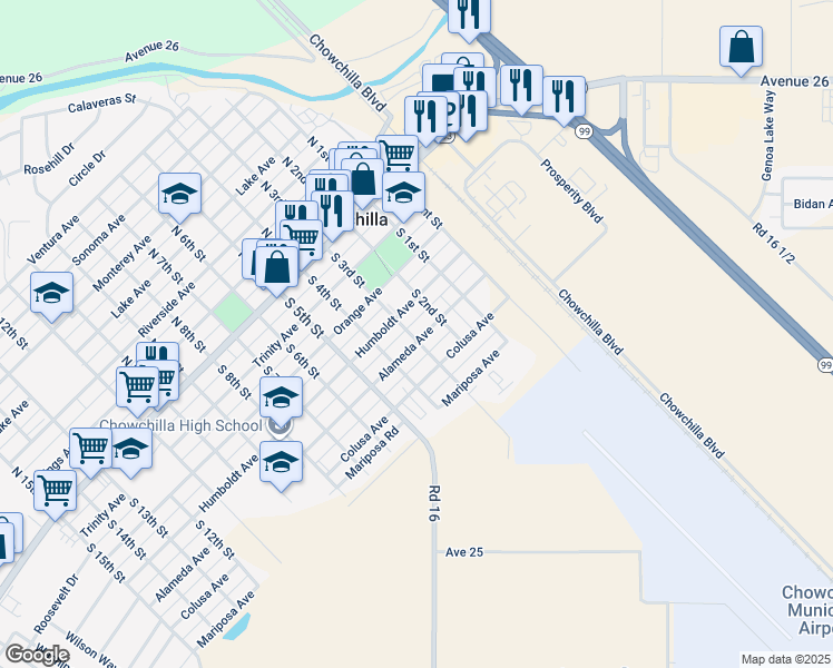 map of restaurants, bars, coffee shops, grocery stores, and more near 455 South 3rd Street in Chowchilla