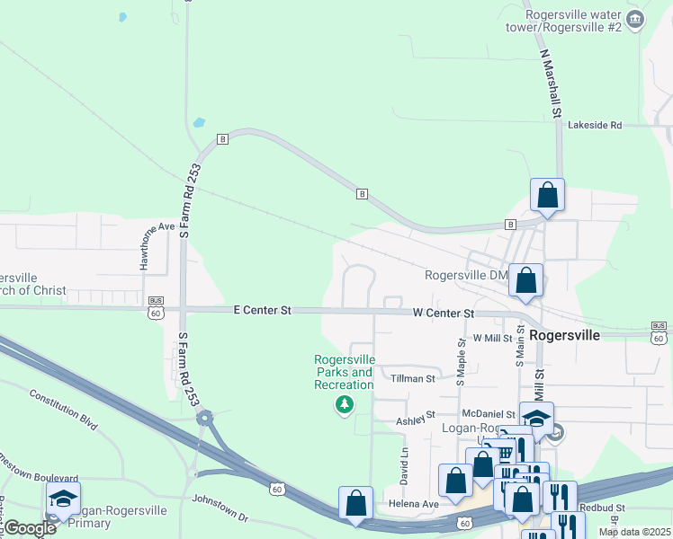 map of restaurants, bars, coffee shops, grocery stores, and more near 108 Bailey Circle in Rogersville