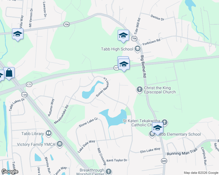 map of restaurants, bars, coffee shops, grocery stores, and more near 206 Susan Newton Lane in Yorktown