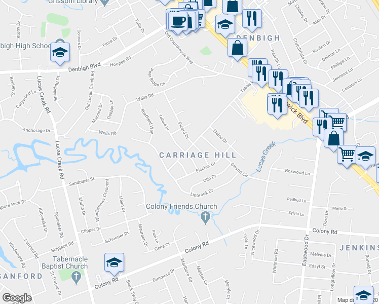 map of restaurants, bars, coffee shops, grocery stores, and more near 110 Telford Drive in Newport News