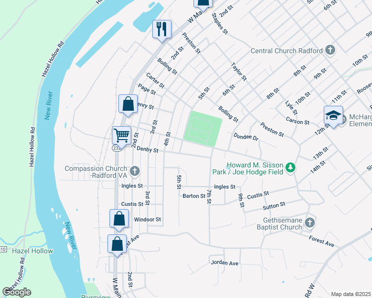 map of restaurants, bars, coffee shops, grocery stores, and more near 1616 5th Street in Radford