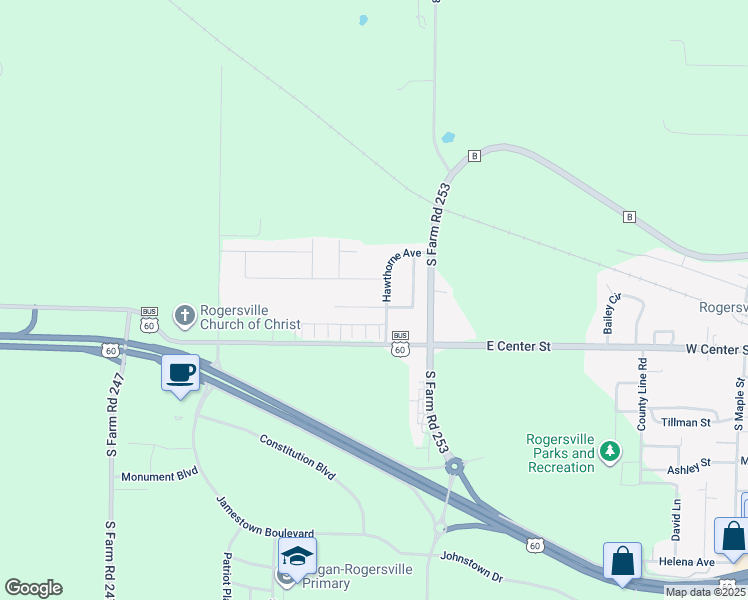 map of restaurants, bars, coffee shops, grocery stores, and more near 727 Olive Street in Rogersville