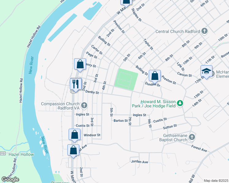 map of restaurants, bars, coffee shops, grocery stores, and more near 1616 5th Street in Radford