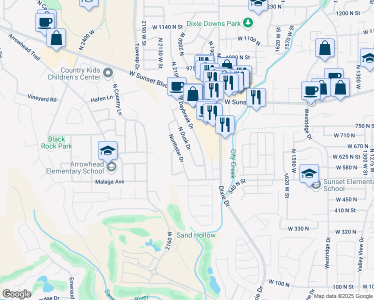 map of restaurants, bars, coffee shops, grocery stores, and more near 619 North Dusk Drive in St. George