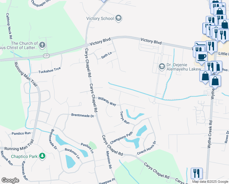 map of restaurants, bars, coffee shops, grocery stores, and more near 305 Treis Trail in Yorktown