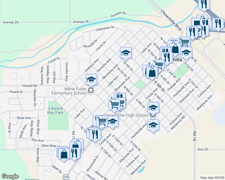 map of restaurants, bars, coffee shops, grocery stores, and more near 917 Riverside Avenue in Chowchilla