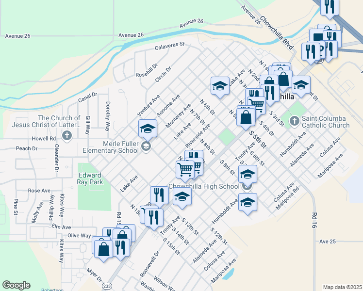 map of restaurants, bars, coffee shops, grocery stores, and more near 904 Riverside Avenue in Chowchilla