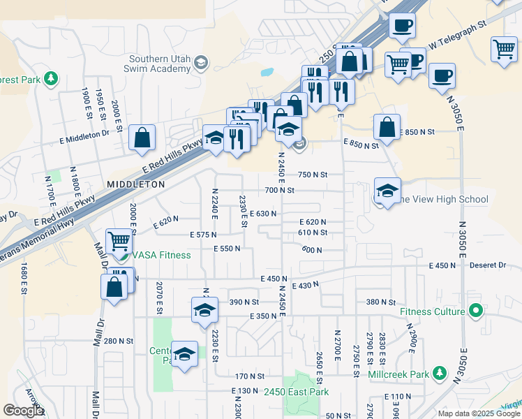 map of restaurants, bars, coffee shops, grocery stores, and more near 2389 East 630 North in St. George
