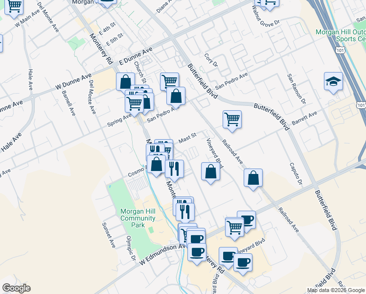 map of restaurants, bars, coffee shops, grocery stores, and more near 16405 Church Street in Morgan Hill