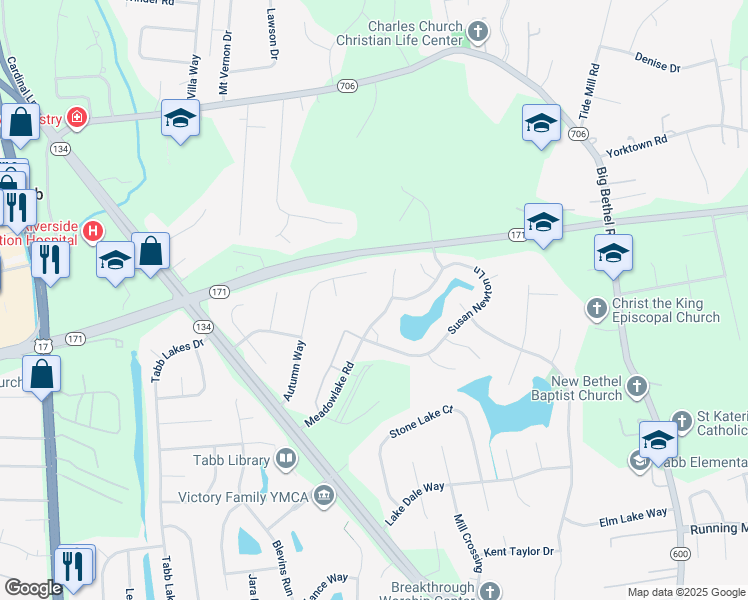 map of restaurants, bars, coffee shops, grocery stores, and more near 101 Susan Newton Lane in Yorktown