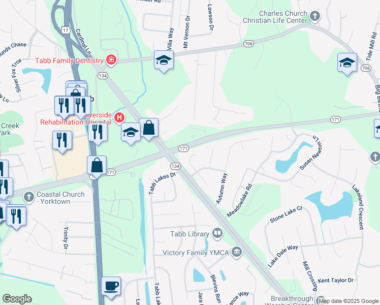 map of restaurants, bars, coffee shops, grocery stores, and more near 211 Freemans Trce in Yorktown