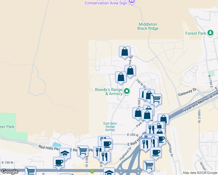 map of restaurants, bars, coffee shops, grocery stores, and more near 664 North 1060 East in St. George