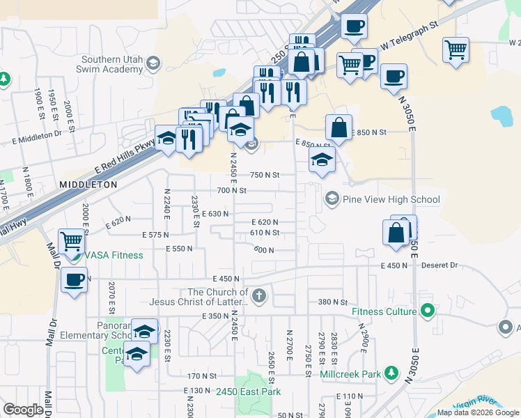map of restaurants, bars, coffee shops, grocery stores, and more near 2525 East 620 North in St. George