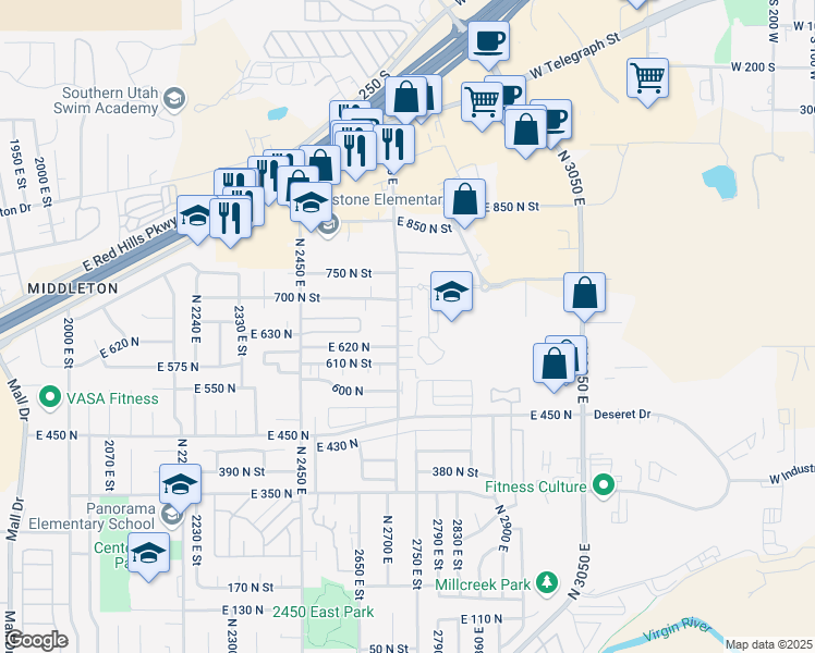 map of restaurants, bars, coffee shops, grocery stores, and more near 618 2720 East Street in St. George