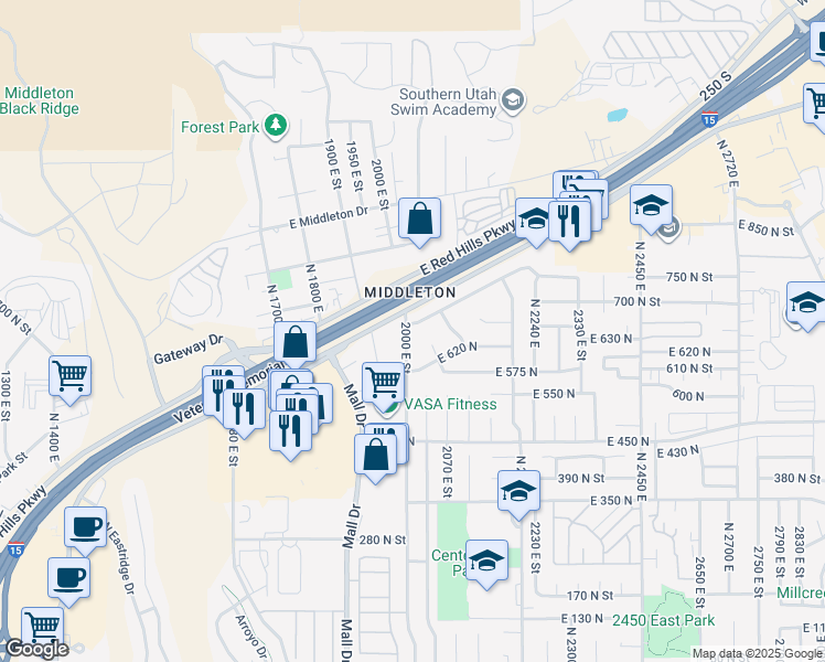 map of restaurants, bars, coffee shops, grocery stores, and more near 639 North 2000 East in St. George
