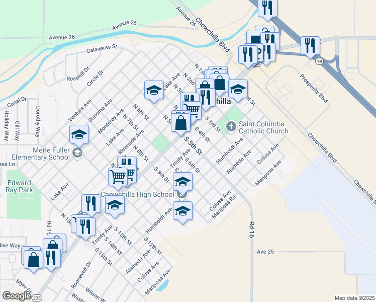 map of restaurants, bars, coffee shops, grocery stores, and more near 601 Trinity Avenue in Chowchilla