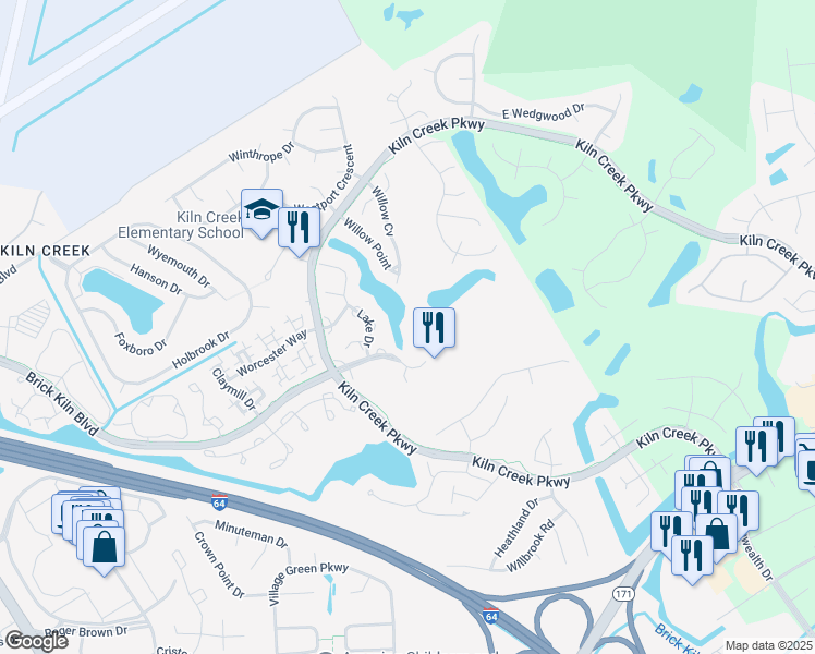 map of restaurants, bars, coffee shops, grocery stores, and more near 1003 Brick Kiln Boulevard in Newport News