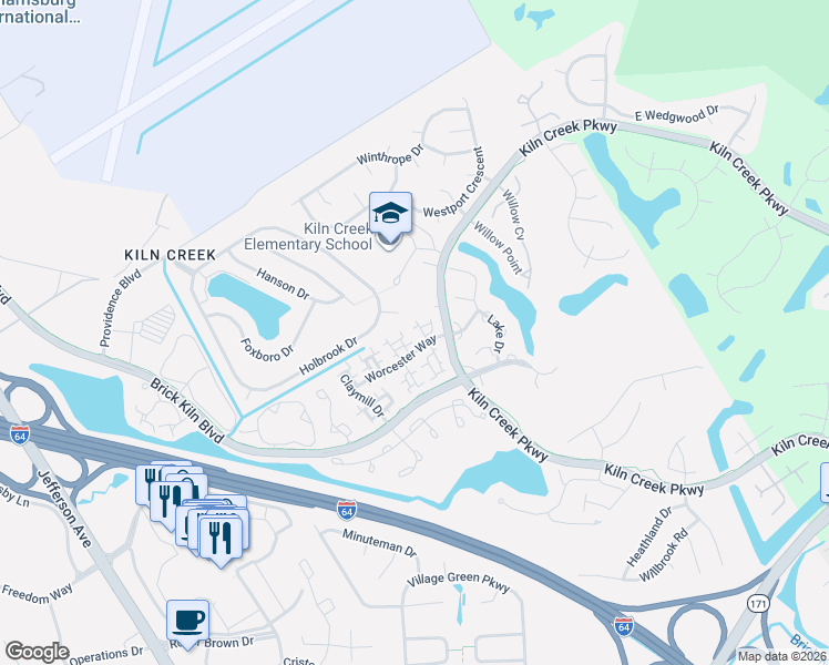 map of restaurants, bars, coffee shops, grocery stores, and more near 2266 Timberneck Lane in Newport News