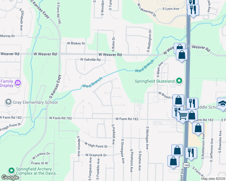 map of restaurants, bars, coffee shops, grocery stores, and more near 1032 West Valley Way in Springfield