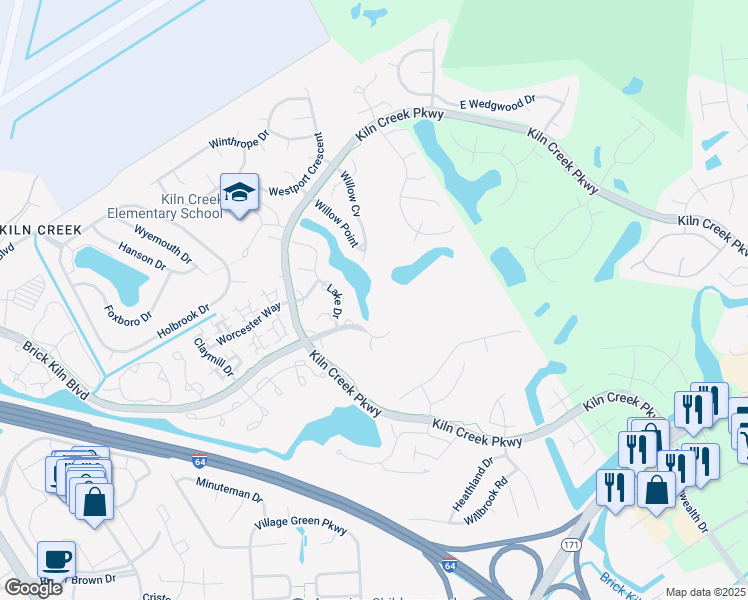 map of restaurants, bars, coffee shops, grocery stores, and more near 1003 Brick Kiln Boulevard in Newport News