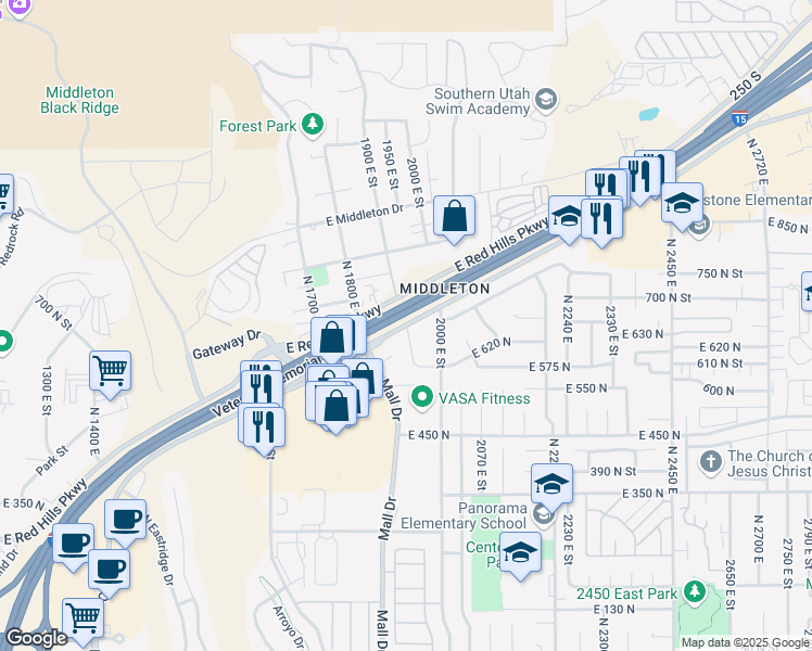 map of restaurants, bars, coffee shops, grocery stores, and more near 1019 North 1950 East in St. George