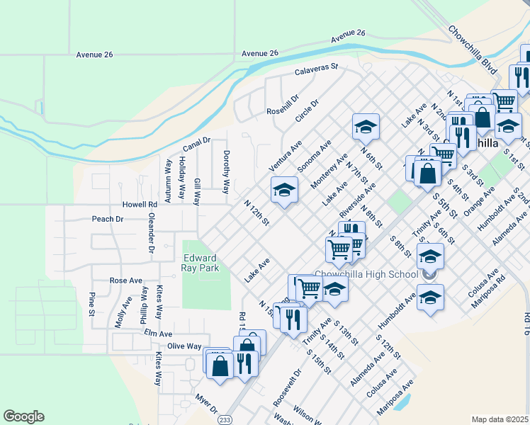 map of restaurants, bars, coffee shops, grocery stores, and more near 1209 Sonoma Avenue in Chowchilla